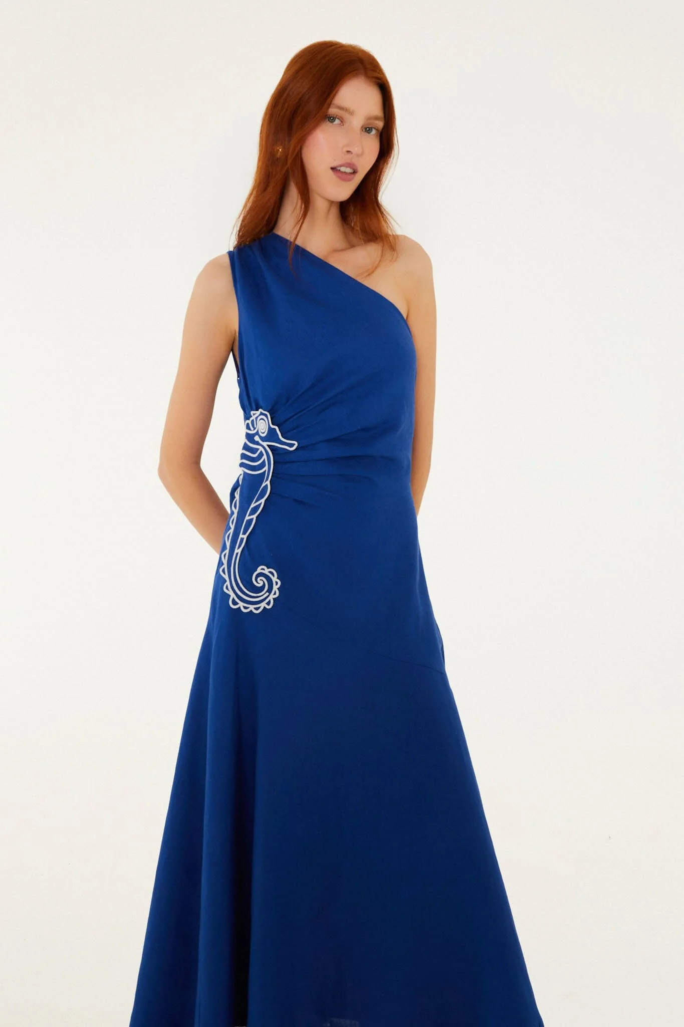 Blue Seahorse Embroidery One-Shoulder  Maxi Dress - Image 3