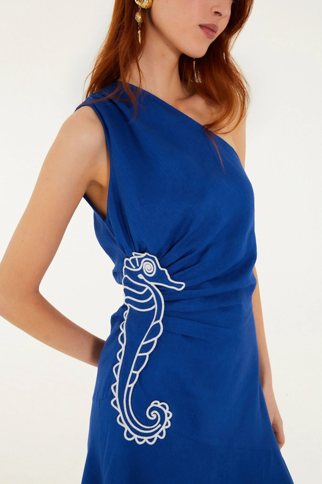 Blue Seahorse Embroidery One-Shoulder  Maxi Dress - Image 4