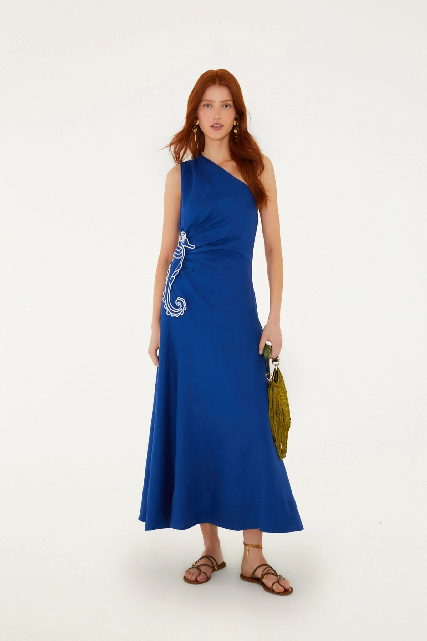 Blue Seahorse Embroidery One-Shoulder  Maxi Dress - Image 5