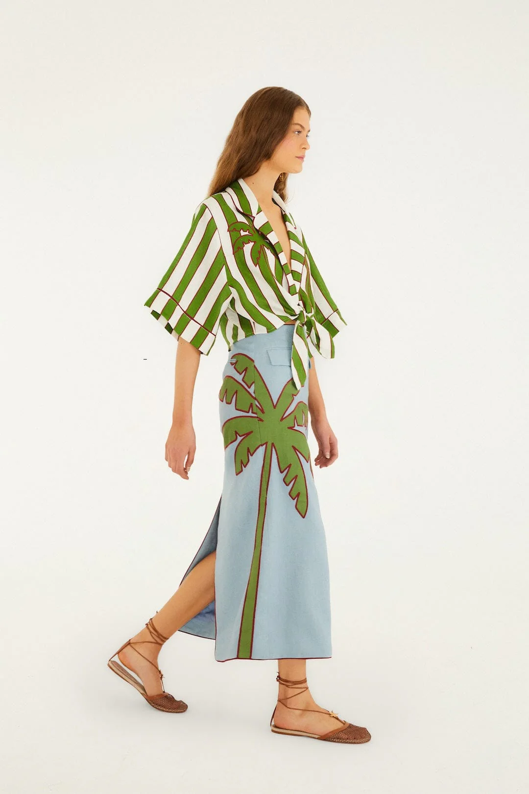 Green Spring Stripes Embroidered Crop Top - Image 4