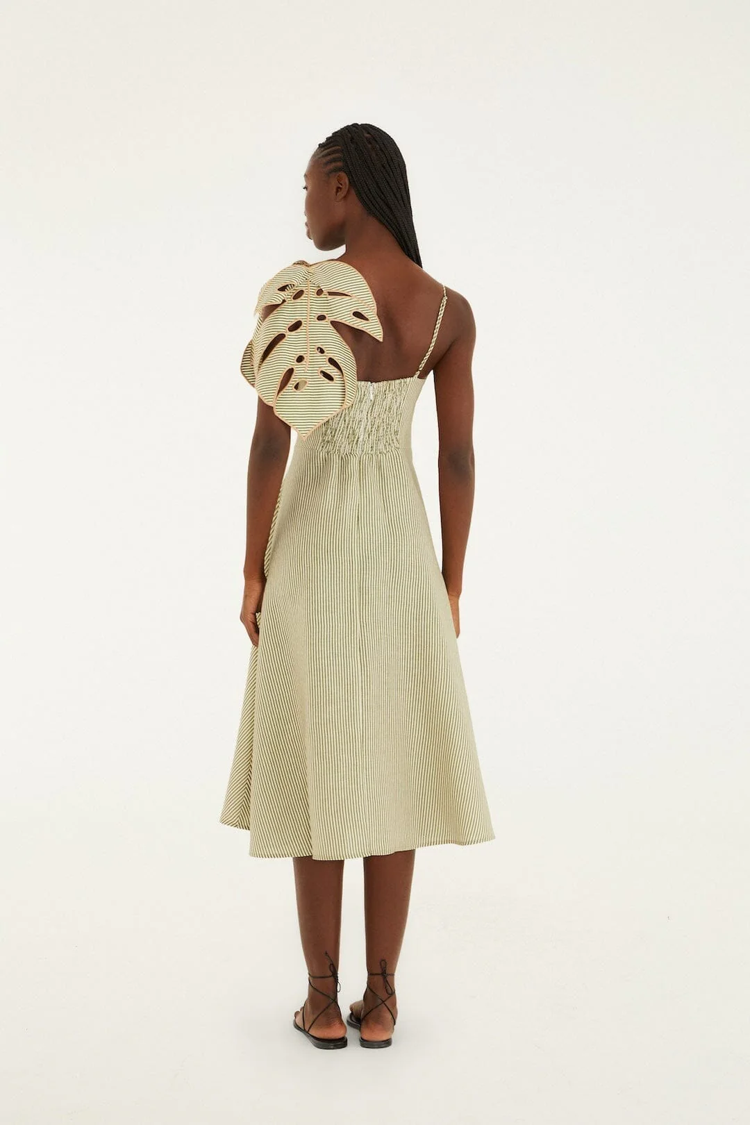 Green Striped 3d Monstera Leaf Midi Dress - Image 3