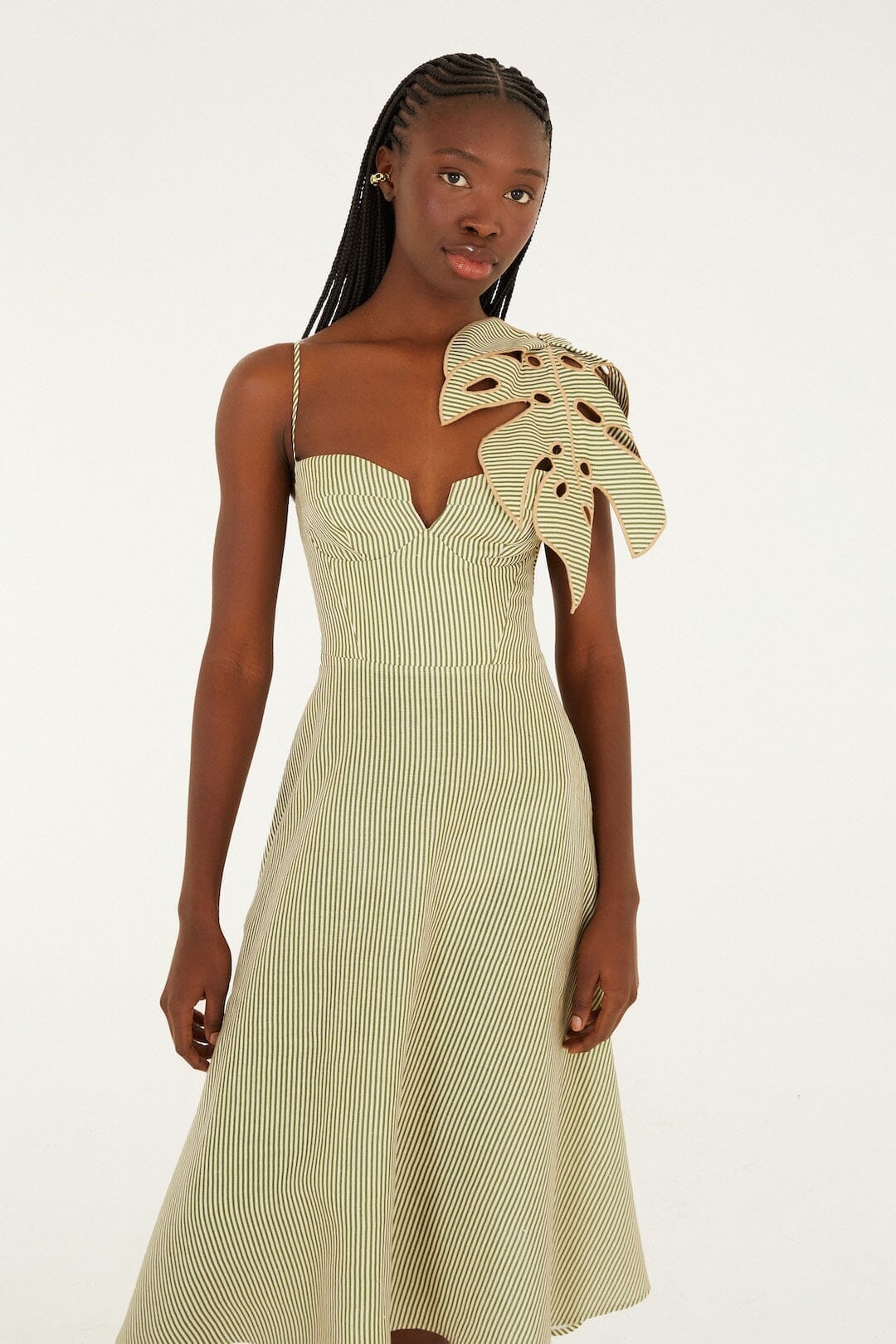 Green Striped 3d Monstera Leaf Midi Dress - Image 4