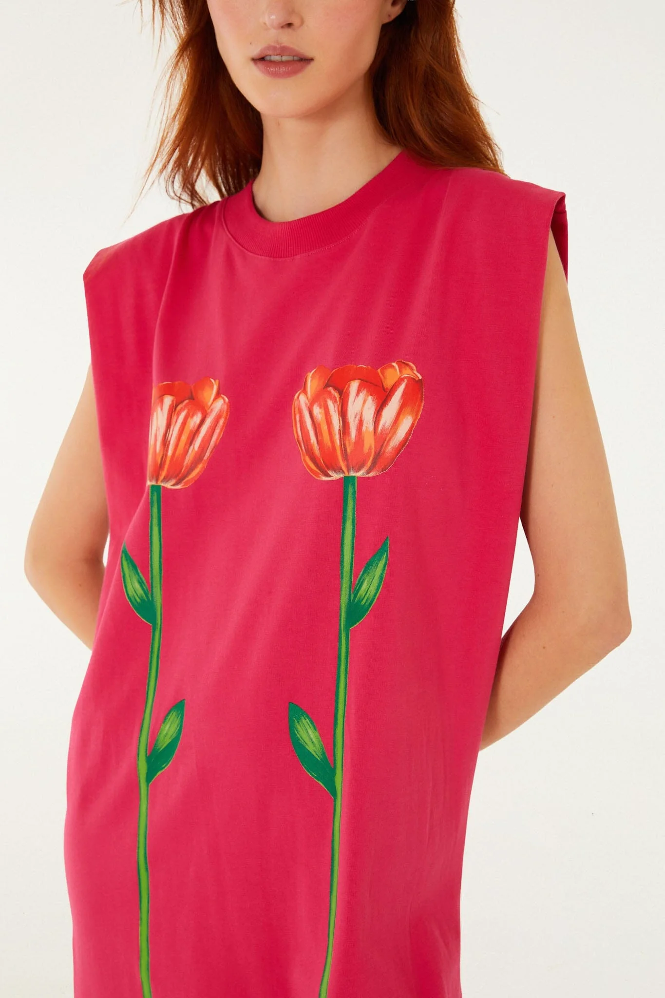 Pink Tropical Rose Padded Shoulders  Mini Dress - Image 2
