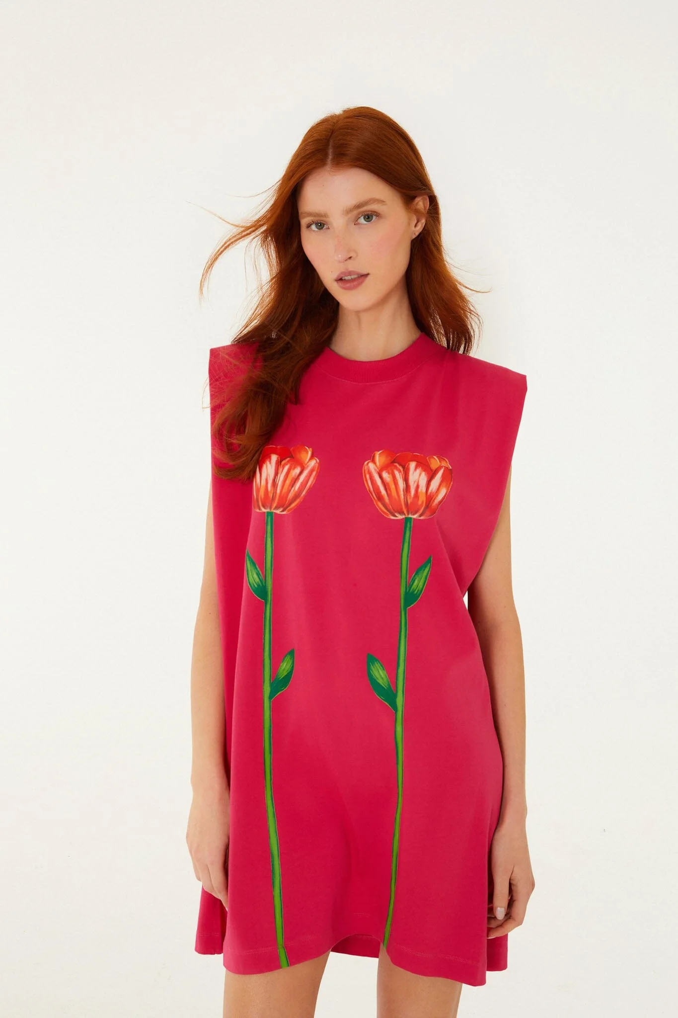 Pink Tropical Rose Padded Shoulders  Mini Dress - Image 4