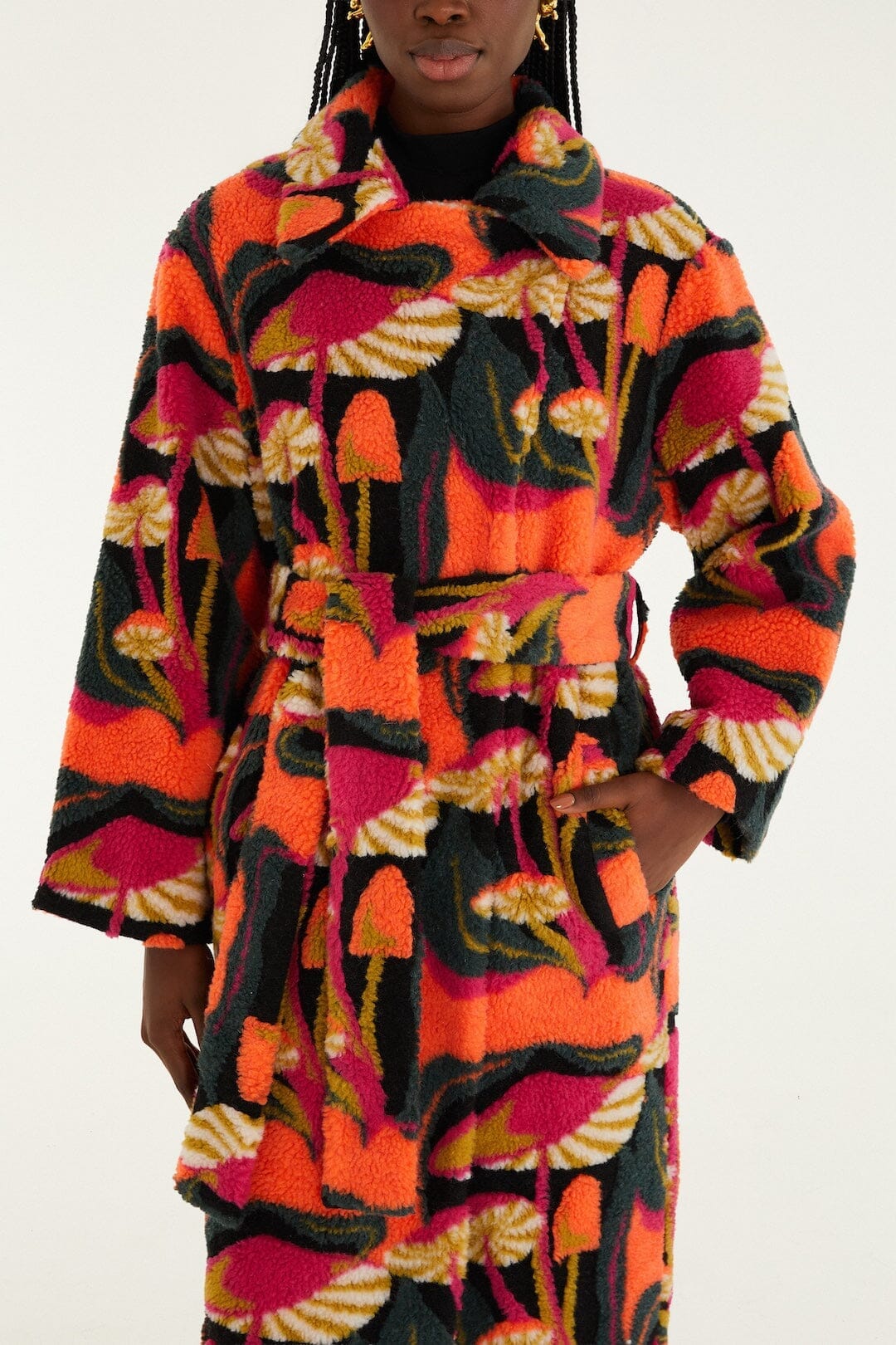 Black Wild Mushrooms Maxi Fleece Coat - Image 2