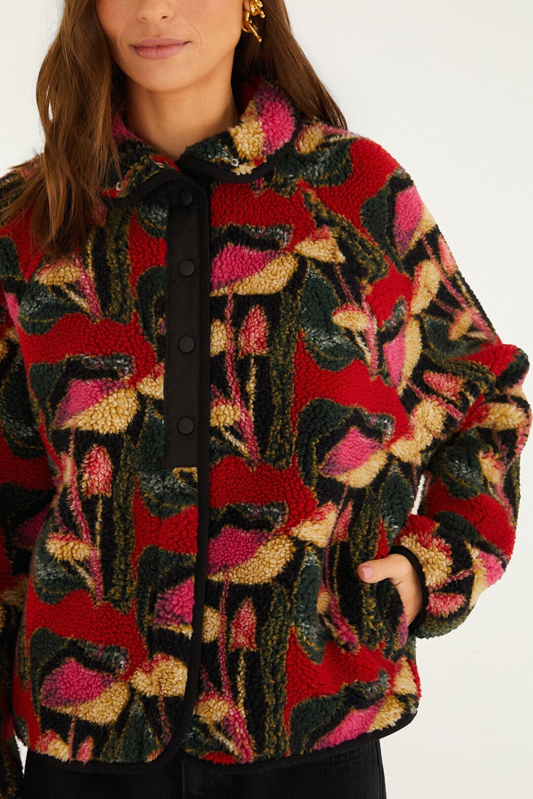 Black Wild Mushrooms Fleece Bomber Jacket - Image 2